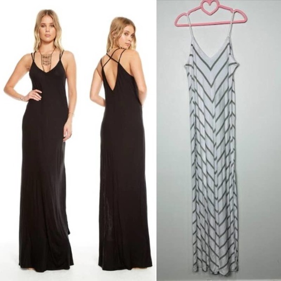 Chaser NWT Chevron Striped Cross Back Bias Cut Maxi Dress White Size Medium - Picture 1 of 8